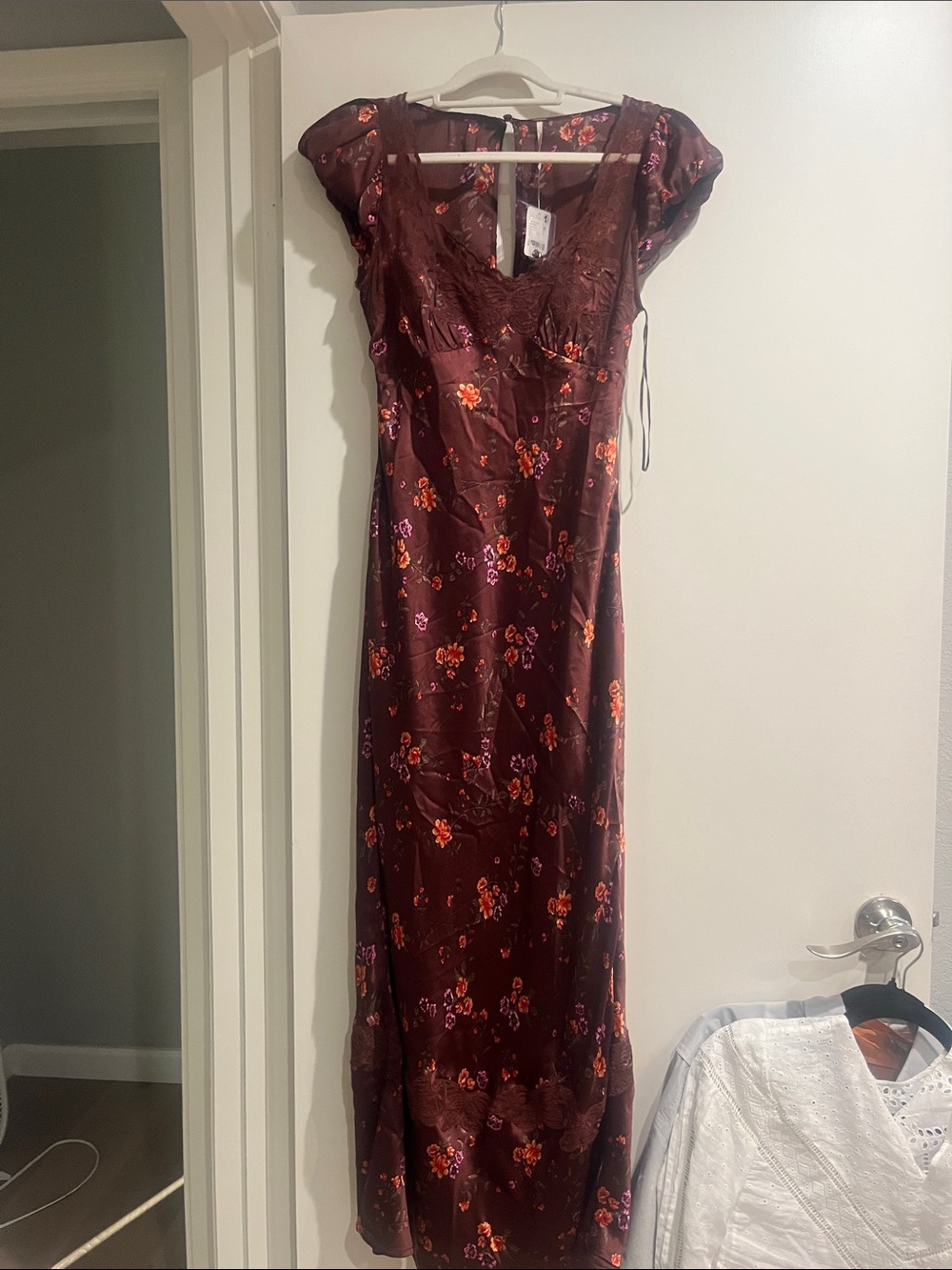 NWT Free People Women's butterfly babe Burgundy Floral Satin Maxi Dress